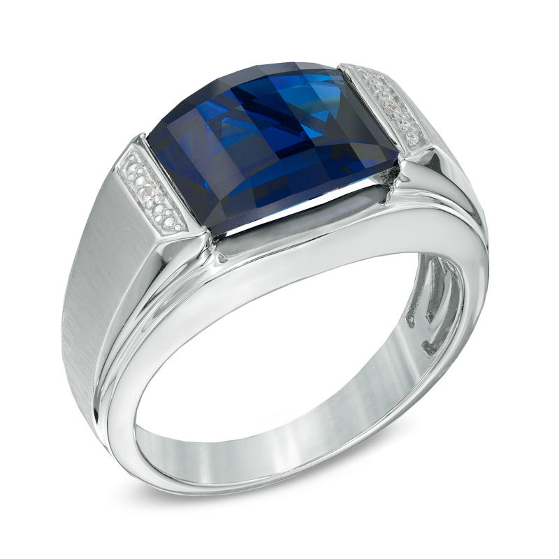 Main Image 2 of Barrel-Shaped Lab-Created Blue Sapphire and Diamond Accent Ring in Sterling Silver