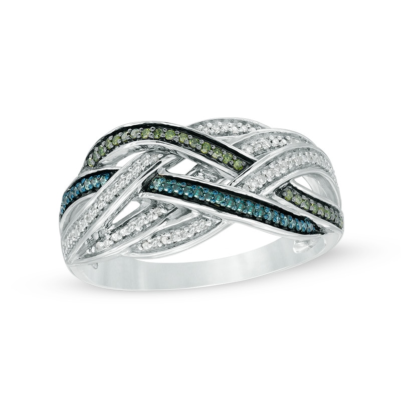 1/5 CT. T.W. Enhanced Green, Blue and White Diamond Woven Ring in Sterling Silver