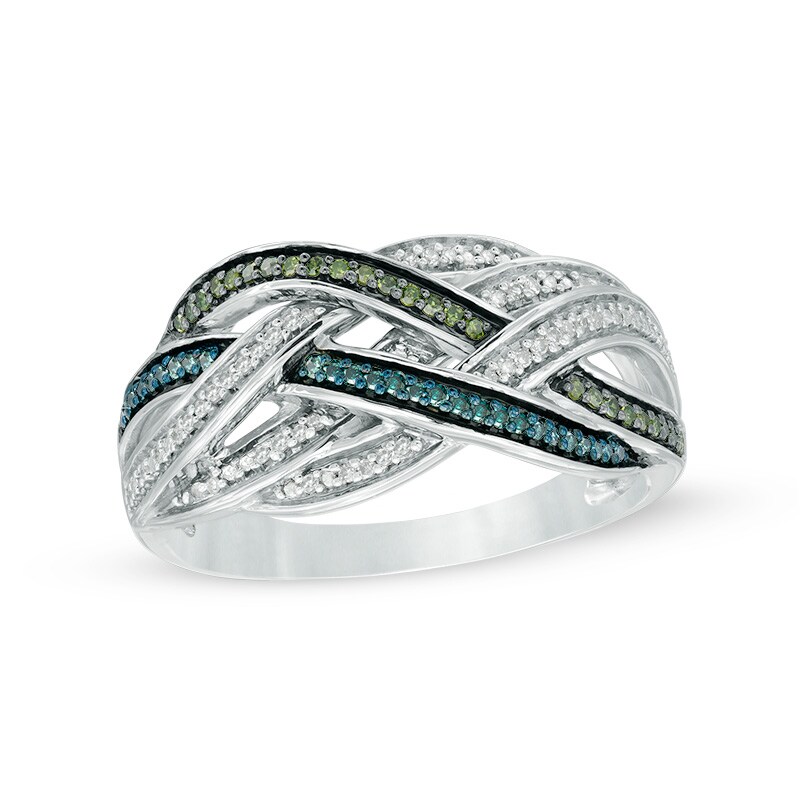 Main Image 1 of 1/5 CT. T.W. Enhanced Green, Blue and White Diamond Woven Ring in Sterling Silver