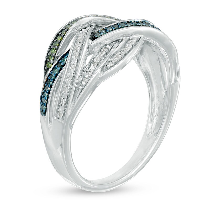 Main Image 2 of 1/5 CT. T.W. Enhanced Green, Blue and White Diamond Woven Ring in Sterling Silver