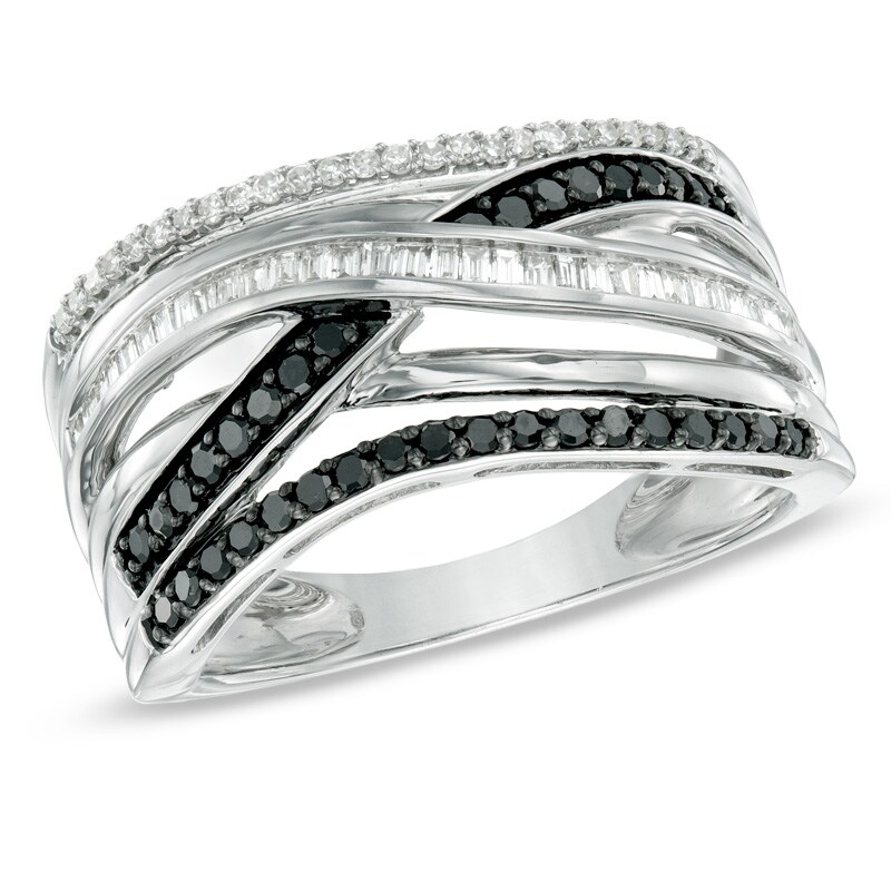 Main Image 1 of 1/2 CT. T.W. Enhanced Black and White Diamond Layered Stack Ring in Sterling Silver