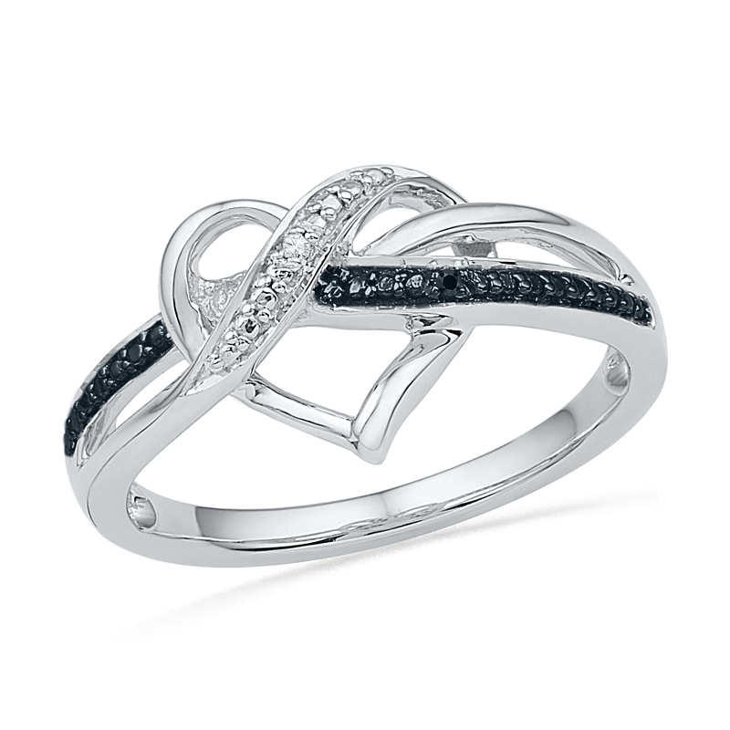 Enhanced Black and White Diamond Accent Swirled Heart Ring in Sterling Silver