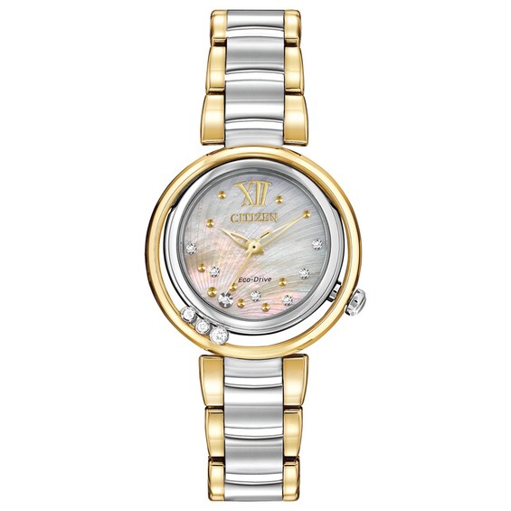 Ladies' Citizen Eco-Drive® Sunrise Diamond Accent Two-Tone Watch with Mother-of-Pearl Dial (Model: Em0324-58D)