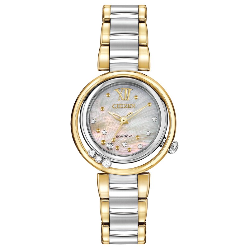Main Image 1 of Ladies' Citizen Eco-Drive® Sunrise Diamond Accent Two-Tone Watch with Mother-of-Pearl Dial (Model: EM0324-58D)