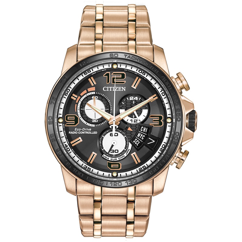 Men's Citizen Eco-Drive® World Chronograph A-T Rose-Tone Watch with Black Dial (Model: BY0108-50E)