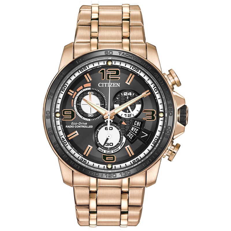 Main Image 1 of Men's Citizen Eco-Drive® World Chronograph A-T Rose-Tone Watch with Black Dial (Model: BY0108-50E)