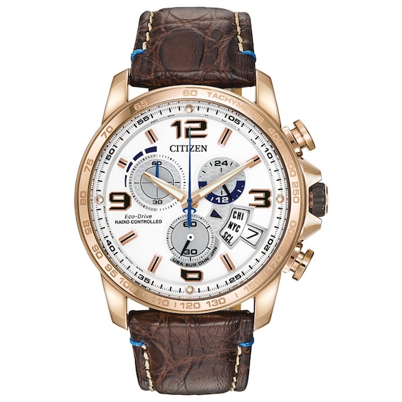 Men's Citizen Eco-Drive® Limited Edition Chrono Time A-T Rose-Tone Strap Watch with White Dial (Model: By0103-02A)