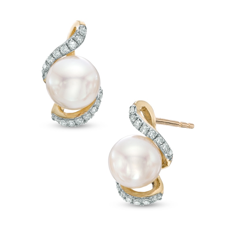 6.5 - 7.0mm Cultured Freshwater Pearl and 1/10 CT. T.W. Diamond Stud Earrings in 10K Gold