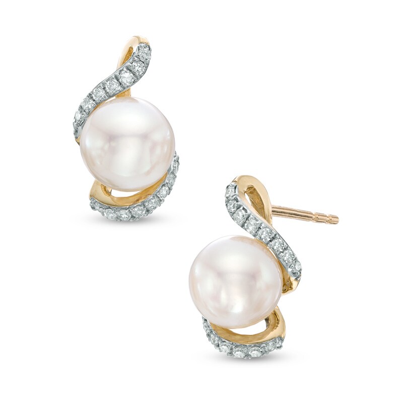 Main Image 1 of 6.5-7.0mm Freshwater Cultured Pearl and 1/10 CT. T.W. Diamond Stud Earrings in 10K Gold