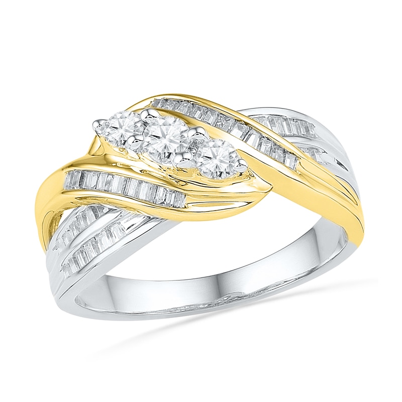 Main Image 1 of 1/2 CT. T.W. Diamond Three Stone Wrapped Ring in 10K Two-Tone Gold