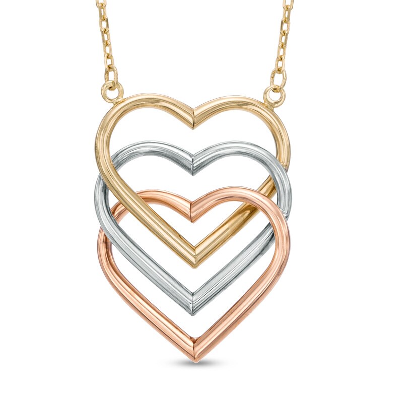 Triple Heart Necklace in 10K Tri-Tone Gold - 17"