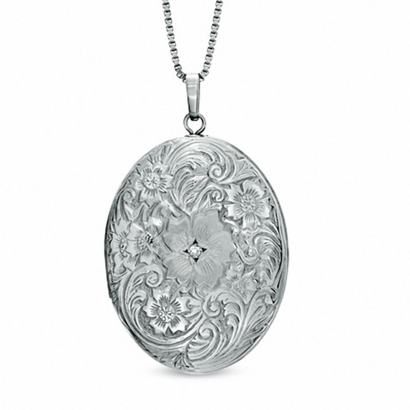 Main Image 1 of Diamond Accent Oval Locket with Etched Flowers in Sterling Silver