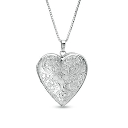 Diamond Accent Heart-Shaped Locket with Etched Flowers in Sterling Silver
