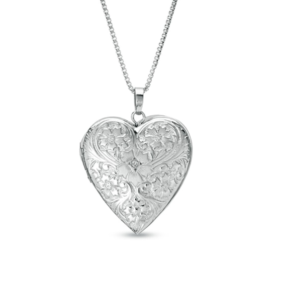 Diamond Accent Heart-Shaped Locket with Etched Flowers in Sterling Silver