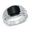 Thumbnail Image 1 of Barrel-Shaped Onyx and Diamond Accent Ring in Sterling Silver