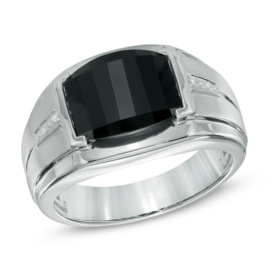 Men's Barrel-Shaped Onyx and Diamond Accent Ring in Sterling Silver