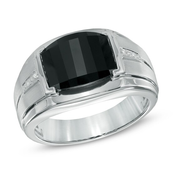 Barrel-Shaped Onyx and Diamond Accent Ring in Sterling Silver