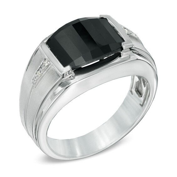 Men's Barrel-Shaped Onyx and Diamond Accent Ring in Sterling Silver