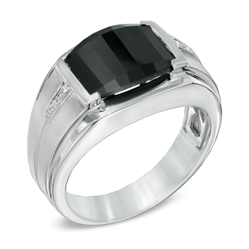 Main Image 2 of Barrel-Shaped Onyx and Diamond Accent Ring in Sterling Silver