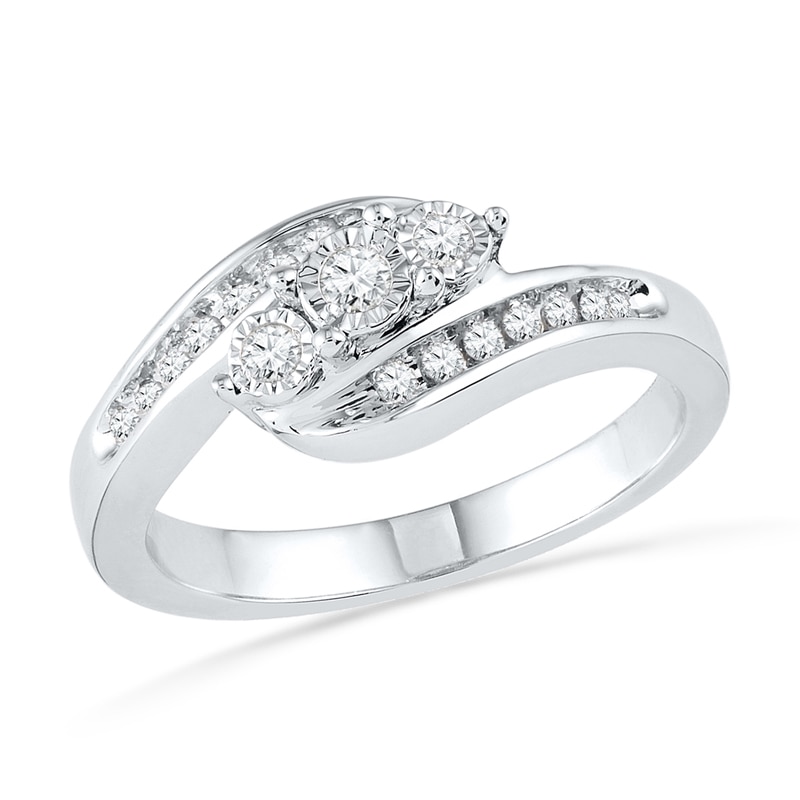Main Image 1 of 1/5 CT. T.W. Diamond Three Stone Bypass Promise Ring in 10K White Gold