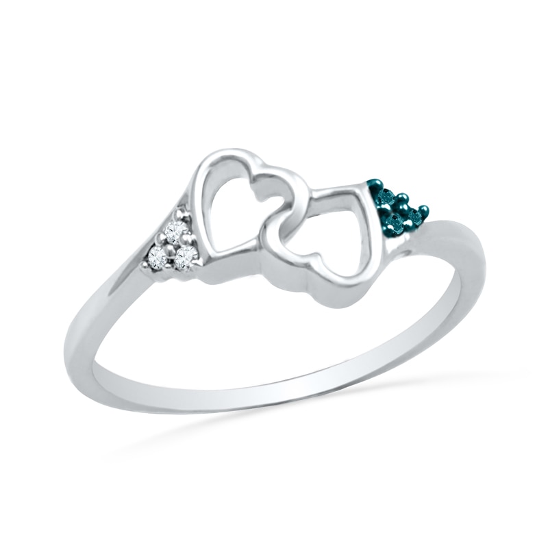 Enhanced Blue and White Diamond Accent Double Heart Promise Ring in 10K White Gold