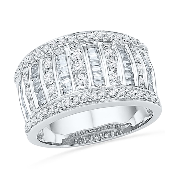 1 CT. T.w. Baguette and Round Diamond Multi-Row Band in 10K White Gold