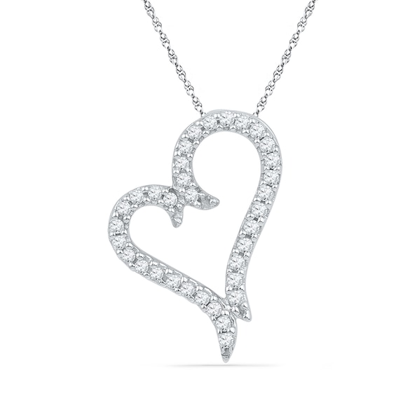 1/5 CT. T.w. Diamond Split Ribbon Tilted Heart Pendant in 10K White Gold