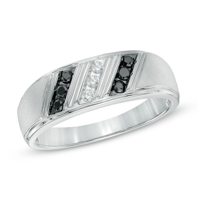 Main Image 1 of Men's 1/4 CT. T.W. Enhanced Black and White Diamond Slant Ring in Sterling Silver