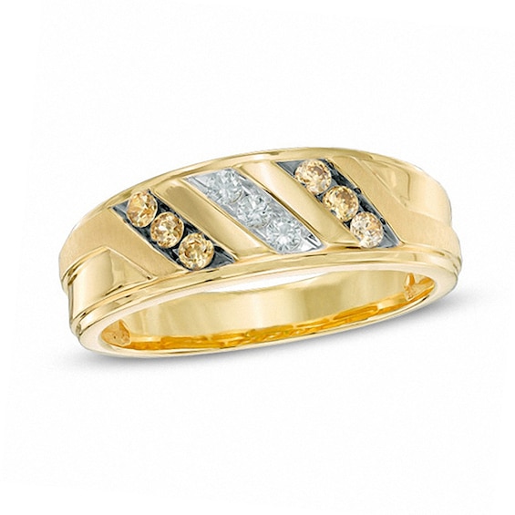 1/3 CT. T.w. Champagne and White Diamond Slant Ring in 10K Gold
