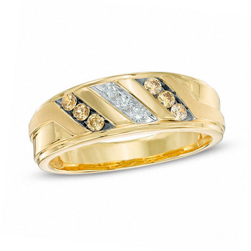 Men's 1/3 CT. T.W. Champagne and White Diamond Slant Ring in 10K Gold