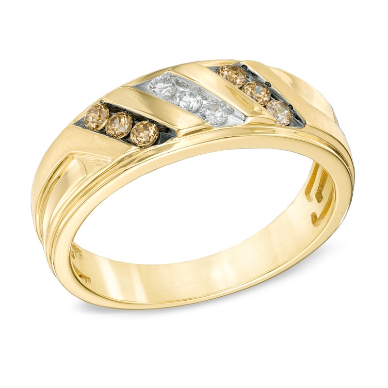 Men's 1/3 CT. T.W. Champagne and White Diamond Slant Ring in 10K Gold