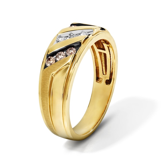 1/3 CT. T.w. Champagne and White Diamond Slant Ring in 10K Gold