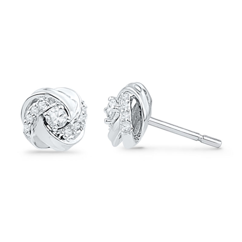 Main Image 1 of 1/8 CT. T.W. Diamond Love Knot Stud Earrings in 10K White Gold