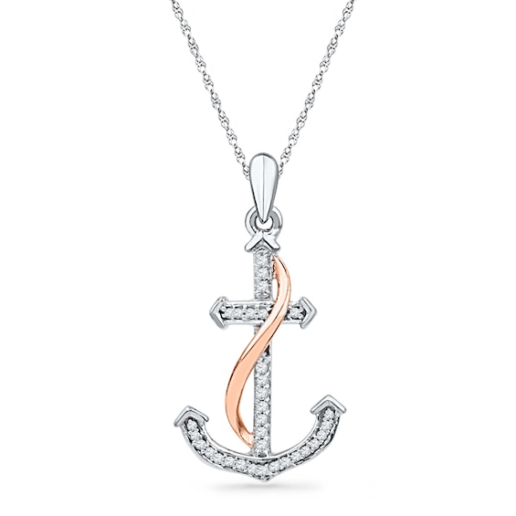 1/10 CT. T.W. Diamond Anchor Pendant in Sterling Silver and 10K Rose