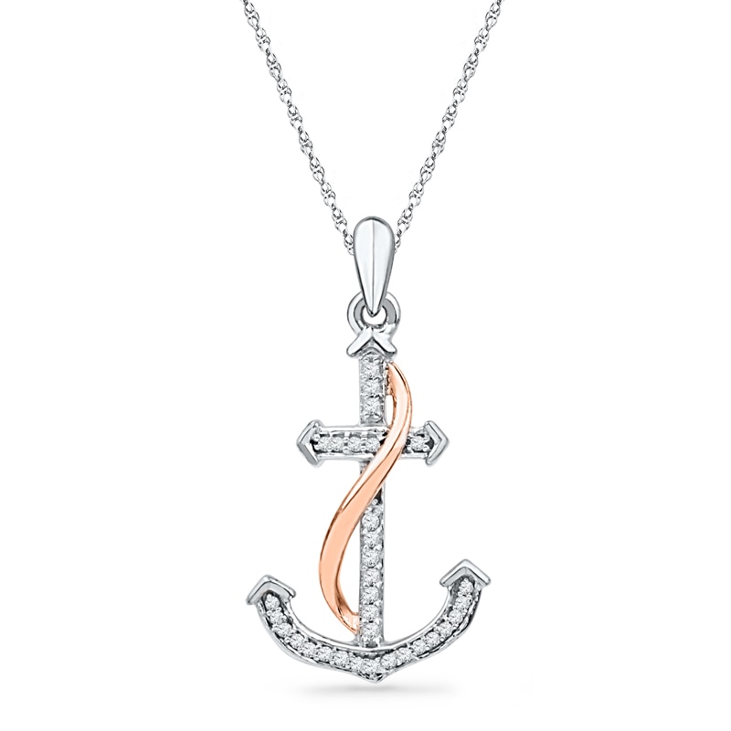 1/10 CT. T.W. Diamond Anchor Pendant in Sterling Silver and 10K Rose Gold