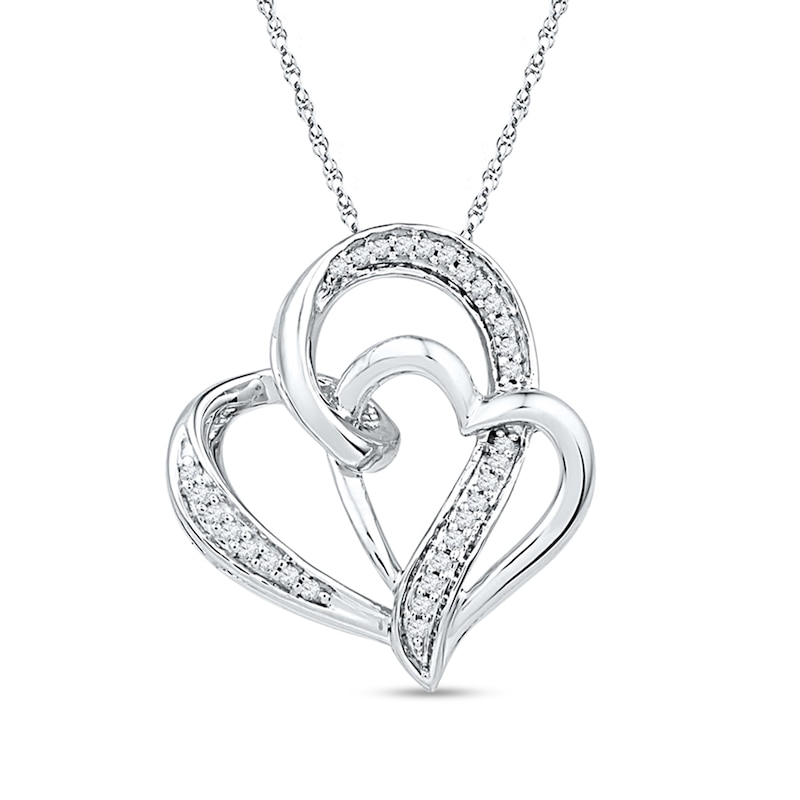 Main Image 1 of 1/8 CT. T.W. Diamond Interlocking Offset Double Heart Pendant in Sterling Silver