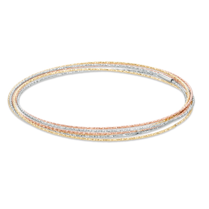 Diamond-Cut Six Piece Stacked Bangle Set in Sterling Silver and 14K Tri-Tone Gold Plate - 7.5"