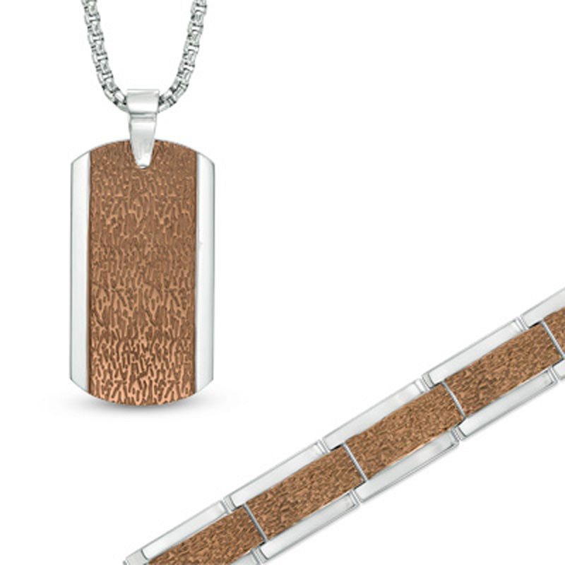Main Image 1 of Textured Necklace and Bracelet Set in Two-Tone Stainless Steel - 24"