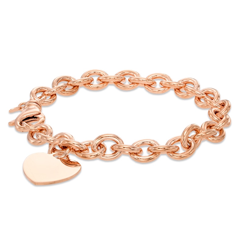 Main Image 1 of 7.6mm Chunky Link Chain Bracelet with Heart Charm in Sterling Silver with 14K Rose Gold Plate - 7.5"