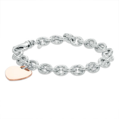 7.6mm Chunky Link Chain Bracelet with Heart Charm in Sterling Silver and 14K Rose Gold Plate - 7.5 7.6mm Chunky Link Chain Bracelet with Heart Charm in Sterling Silver and 14K Rose Gold Plate - 7.5