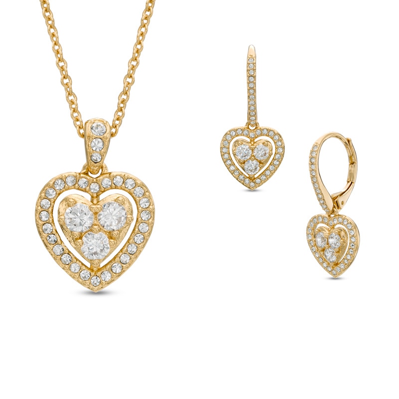 Main Image 1 of AVA Nadri Cubic Zirconia and Crystal Heart Pendant and Drop Earrings Set in Brass with 18K Gold Plate - 16"