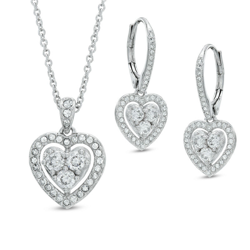 AVA Nadri Cubic Zirconia and Crystal Heart Pendant and Drop Earrings Set in White Rhodium Brass - 16"