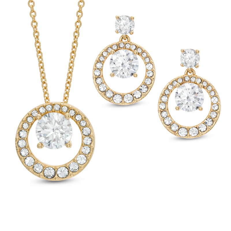 Main Image 1 of AVA Nadri Cubic Zirconia and Crystal Doorknocker Pendant and Drop Earrings Set in Brass with 18K Gold Plate - 16"