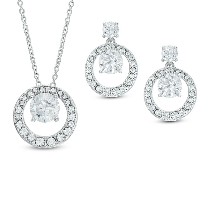 Main Image 1 of AVA Nadri Cubic Zirconia and Crystal Doorknocker Pendant and Drop Earrings Set in White Rhodium Brass - 16"