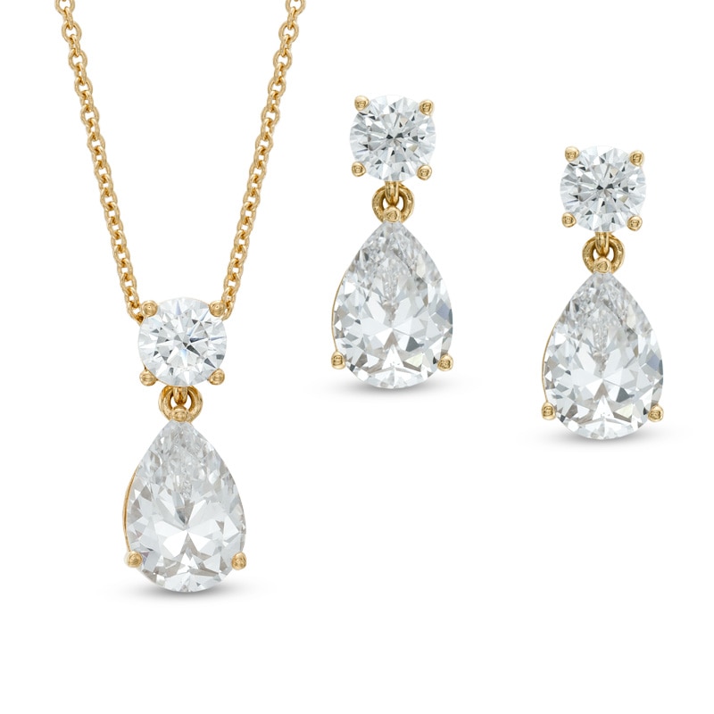 Main Image 1 of AVA Nadri Pear-Shaped Cubic Zirconia Pendant and Drop Earrings Set in Brass with 18K Gold Plate - 16"