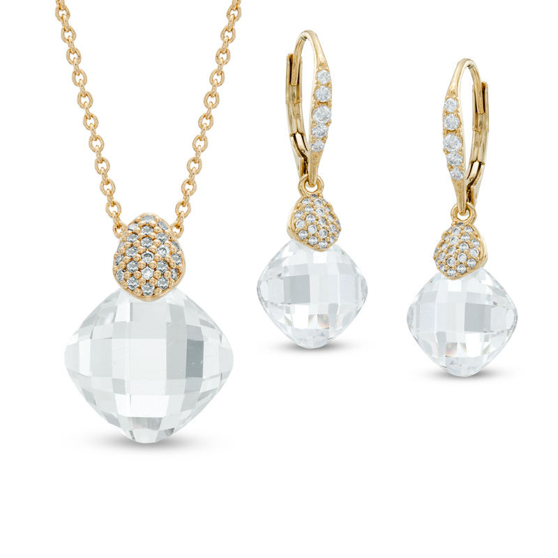 AVA Nadri Briolette Cubic Zirconia and Crystal Pendant and Drop Earrings Set in Brass with 18K Gold Plate - 16"