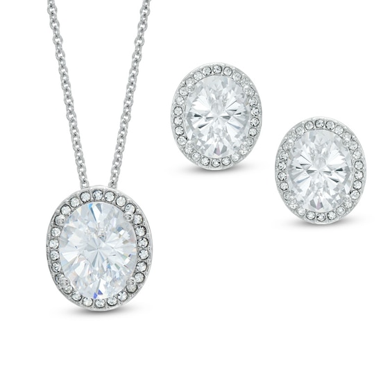 AVA Nadri Oval Cubic Zirconia and Crystal Frame Pendant and Drop Earrings Set in White Rhodium Brass - 16"