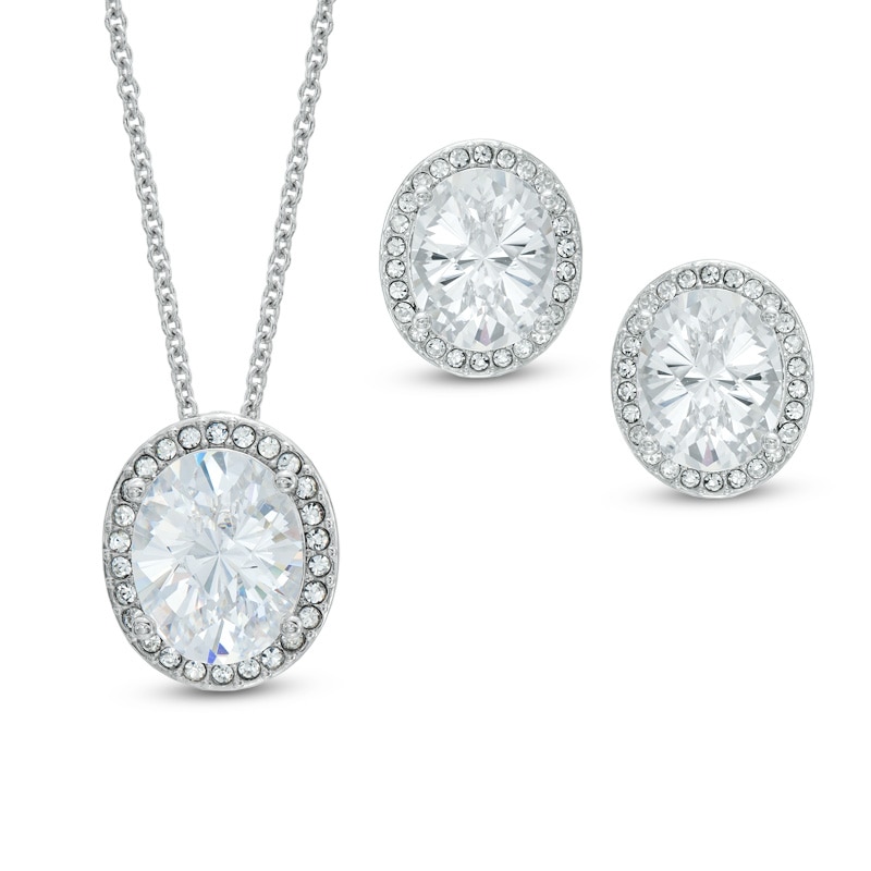 Main Image 1 of AVA Nadri Oval Cubic Zirconia and Crystal Frame Pendant and Drop Earrings Set in White Rhodium Brass - 16"