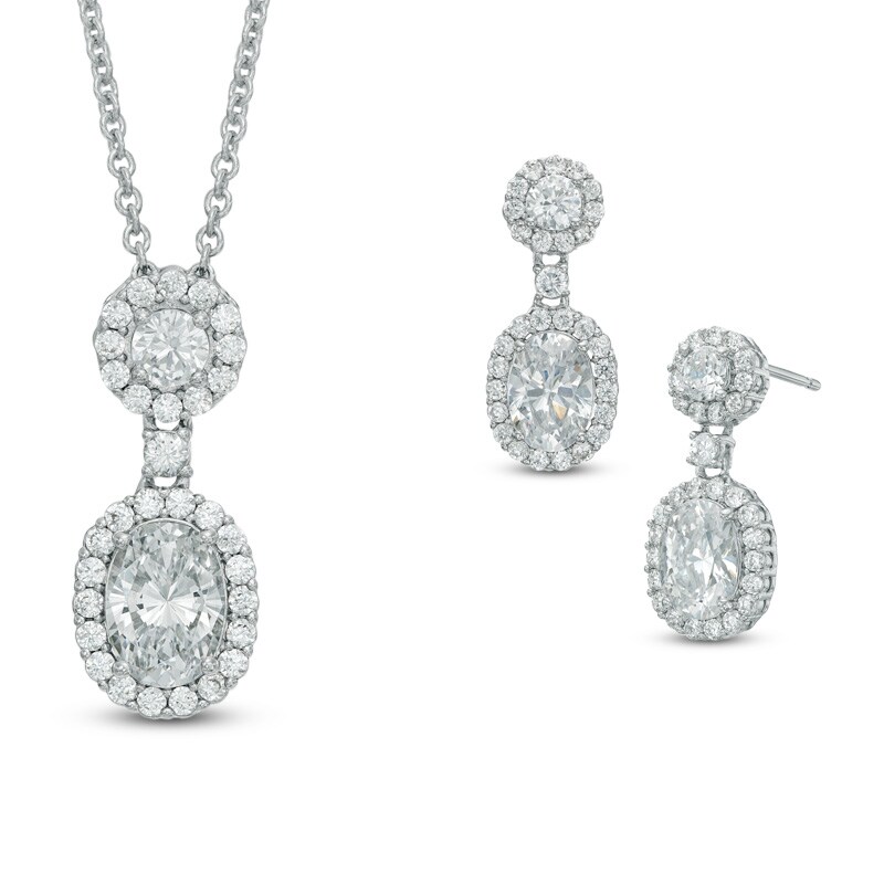 AVA Nadri Oval Cubic Zirconia and Crystal Frame Pendant and Drop Earrings Set in White Rhodium Brass - 16"