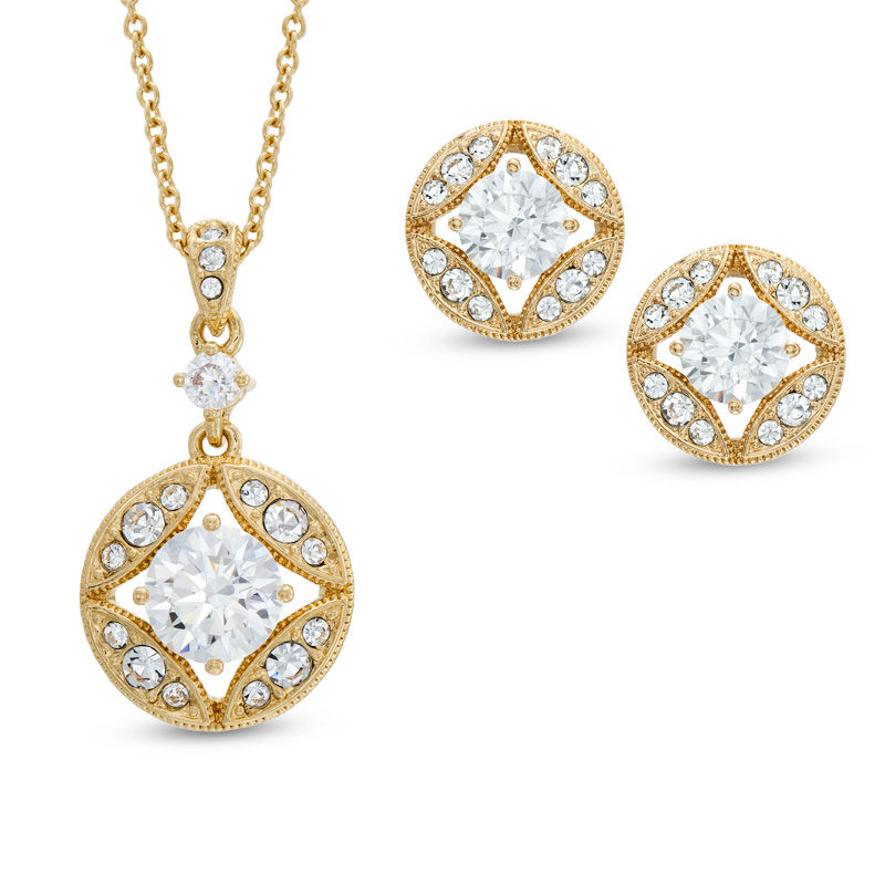 AVA Nadri Cubic Zirconia and Crystal Star Pendant and Drop Earrings Set in Brass with 18K Gold Plate - 16"